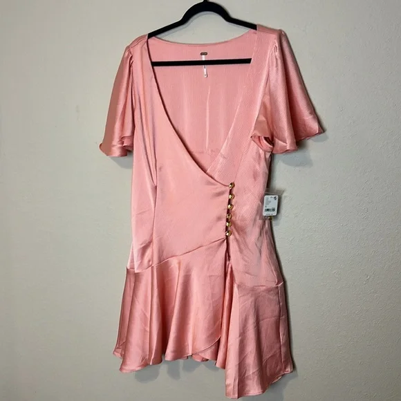Free People Dress Scarlett Satin Ruffle Wrap Mini Peach Size XL NWT - Picture 7 of 11